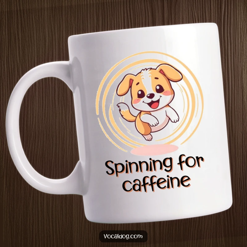 Funny mug showing a dog character happily spinning in a dizzy circle while chasing its tail with great enthusiasm.
