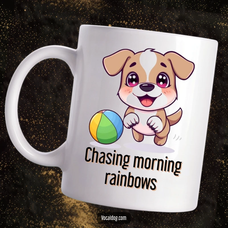 A happy dog character joyfully chasing a vibrant rainbow-colored ball with bright, excited eyes on this fun mug.
