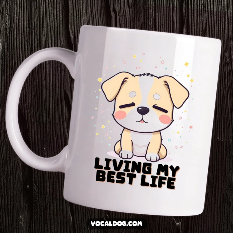 Funny mug showing a dog blissfully enjoying a shower of sparkling confetti with its eyes closed in delight.