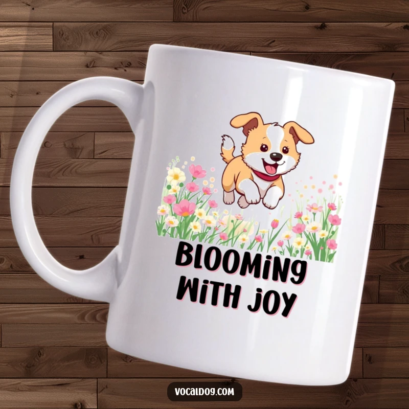 Funny mug depicting a joyful dog mid-leap through a vibrant field of flowers, radiating pure happiness and energy.
