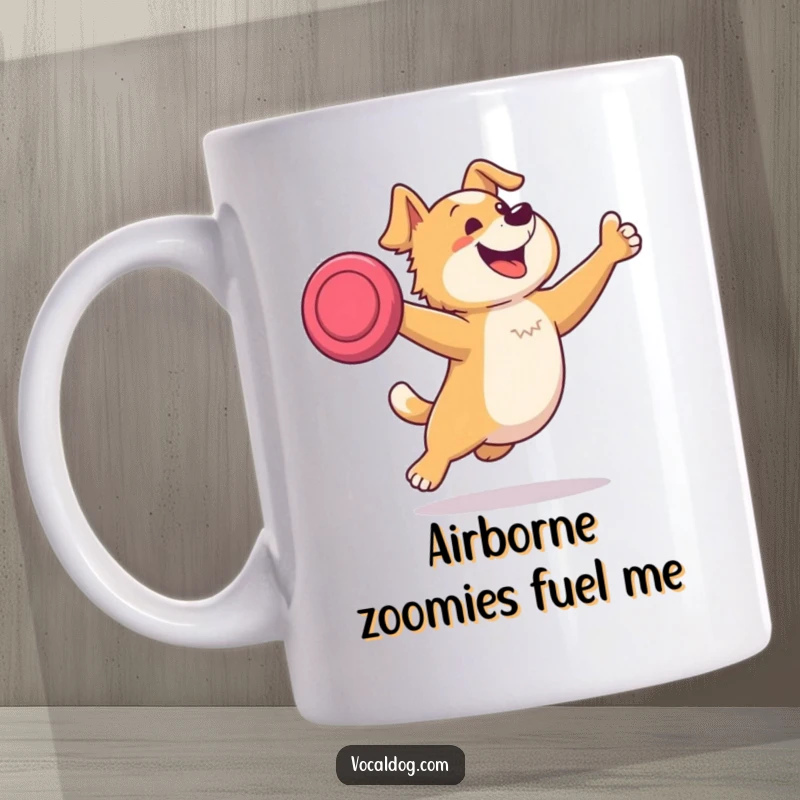 Funny mug featuring a dog mid-air, leaping with pure excitement to catch a frisbee, showcasing its boundless energy and happy spirit.