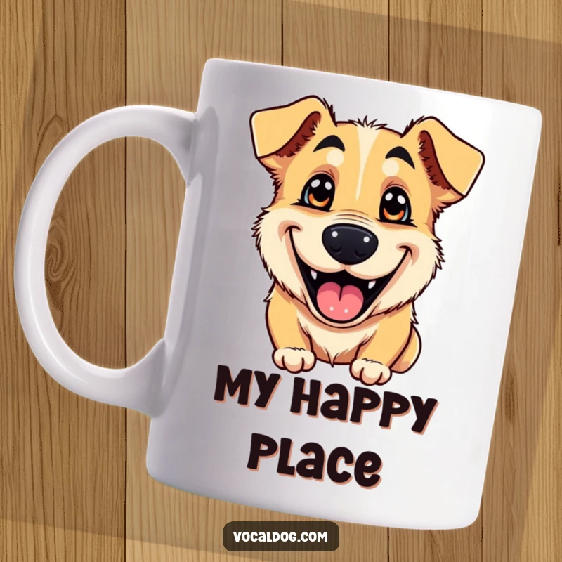 Funny mug showcasing a happy dog with a wide, goofy grin and sparkling eyes, radiating pure delight and canine affection.