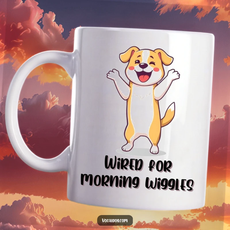 Funny Mug: An adorable dog doing a joyous happy dance on its hind legs. This funny design captures pure canine excitement.