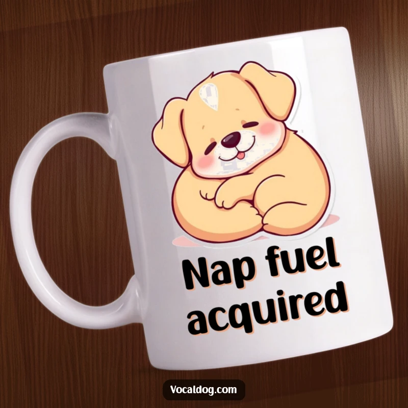 Funny Mug featuring a dog curled up comfortably, letting out a deep, content sigh of pure relaxation.