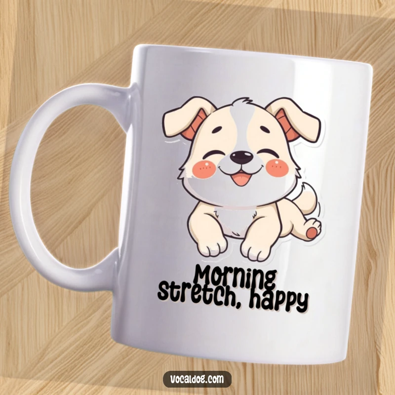 Funny Mug featuring a dog character stretching languidly with a profoundly blissful smile of pure relaxation.