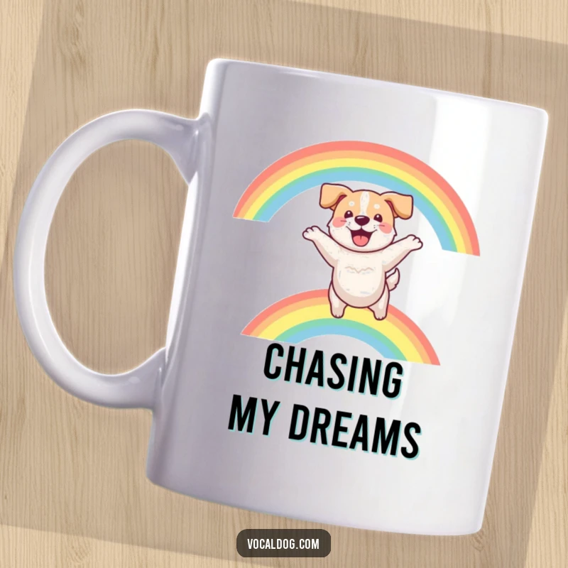 Funny mug featuring a dog joyfully leaping high through a vibrant, arcing rainbow, symbolizing happiness and fun.