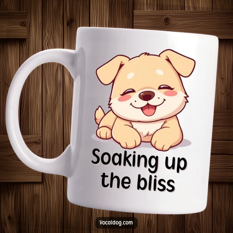 Funny dog mug featuring a happy, relaxed dog lightly sunbathing with eyes closed in contentment.