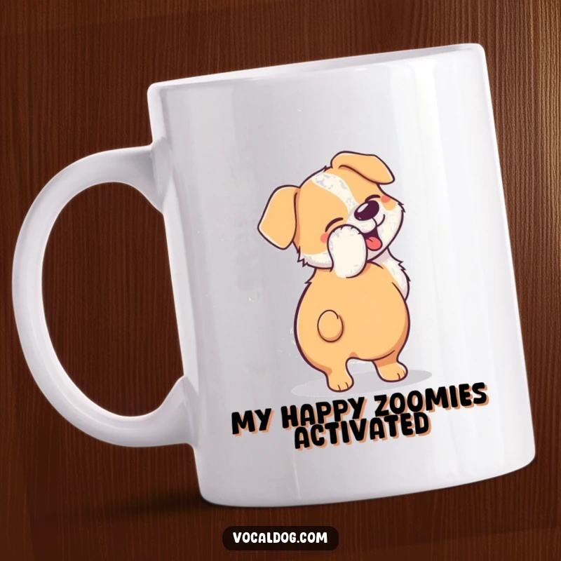 Funny mug showing a dog's tail blurred in a joyful, circular motion from extreme happy wagging, perfect for dog enthusiasts.