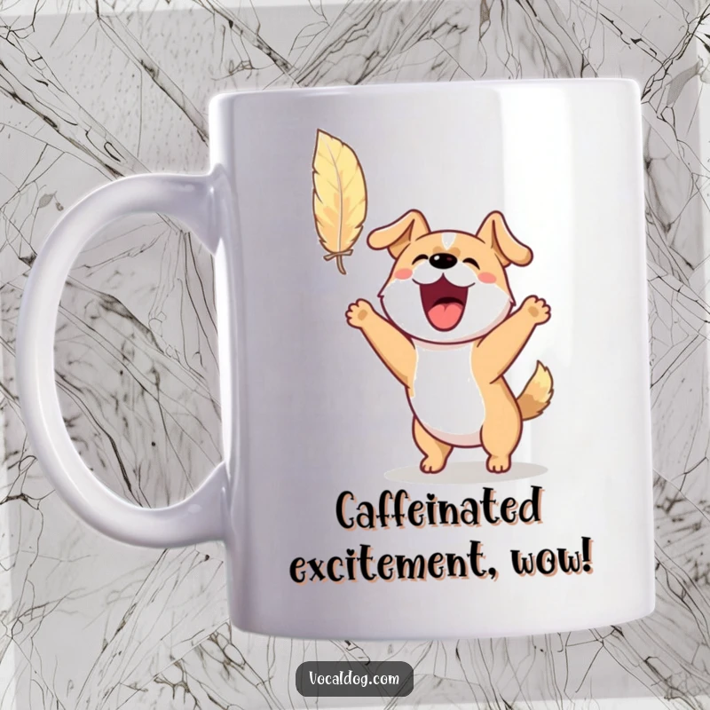 Funny mug showing an excited dog barking joyfully while jumping to catch a floating feather, full of energetic play.
