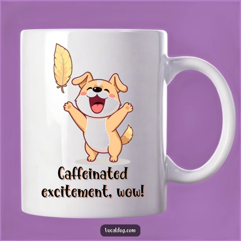 Funny Excited Dog Mug: Barking Feather Chase, Perfect Funny Gift