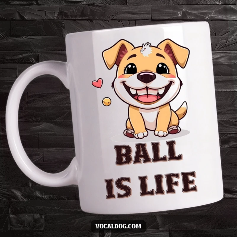 Funny Mug: A dog with an enormous, happy grin playing fetch, celebrating pure canine joy and the love of the game.