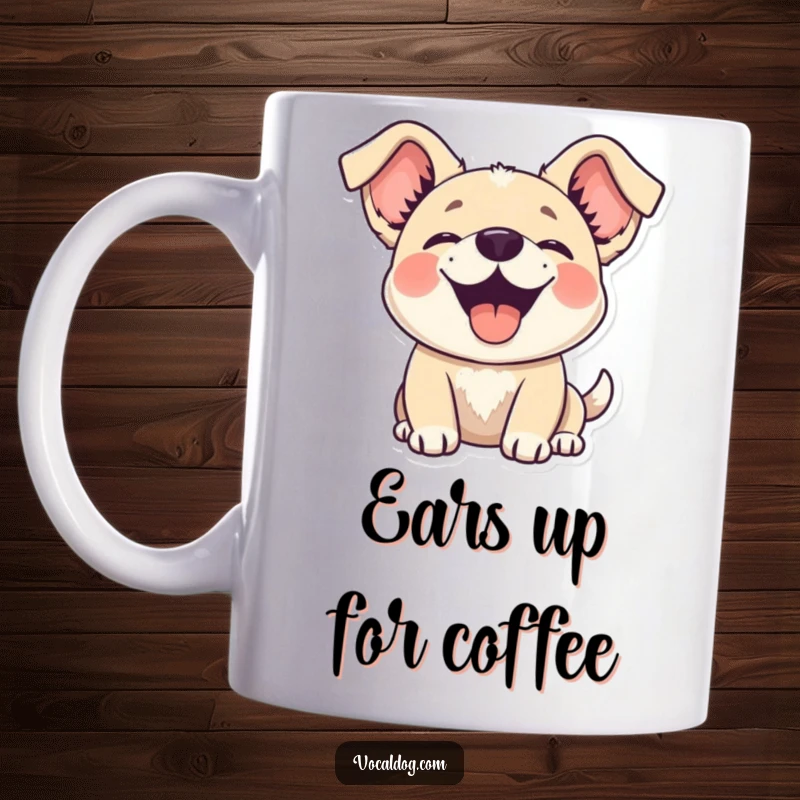 Funny dog mug featuring a happy dog with its ears flopping joyfully upwards, expressing pure, unadulterated delight.