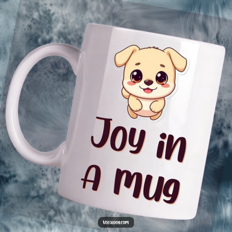 Funny mug showing a small, round dog with big happy eyes joyfully bounding in a leap, capturing pure excitement.