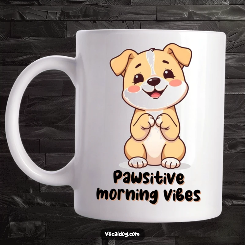 Funny mug showing a dog sitting upright with its paws neatly together in a cute, happy, and polite pose.