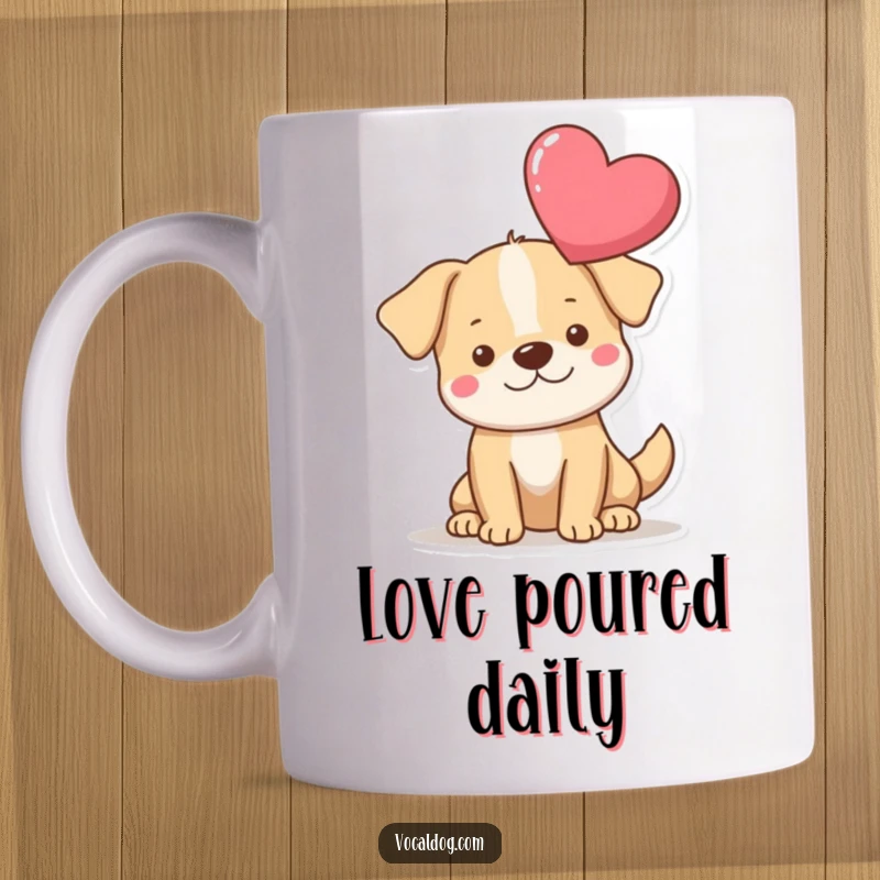 Funny heart dog mug featuring a dog with a large, floating heart above its head, symbolizing pure love and devotion. Perfect funny gift.