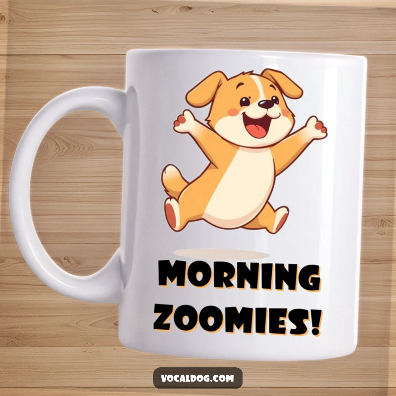 Funny mug depicts a happy dog character mid-air, leaping with pure, unadulterated delight and joyful abandon.