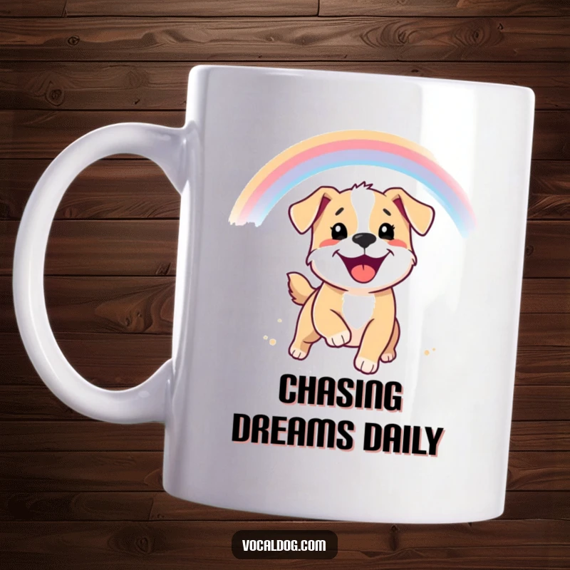 Funny mug featuring a happy puppy with a wide, beaming smile joyfully chasing a vibrant rainbow.