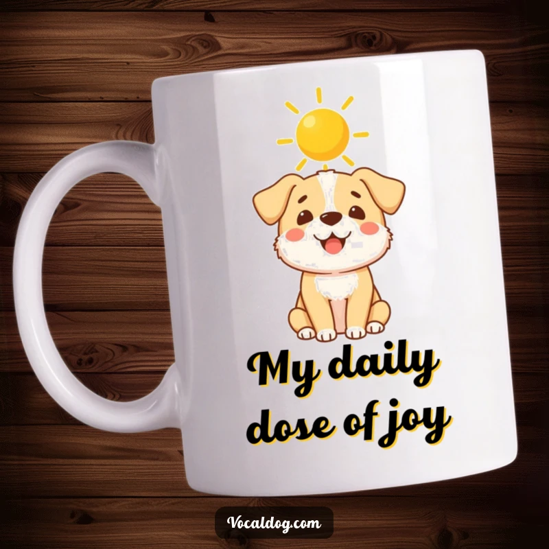 Funny Mug: A cheerful dog with a bright sunshine halo floats blissfully, radiating happiness and warmth in this delightful design.