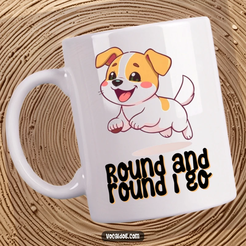 Funny dog mug showing a dog happily chasing its tail with an expression of absolute delight and silliness.