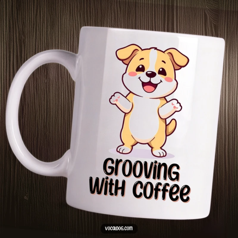 Funny happy dance dog mug showing a dog joyfully dancing with its front paws up, radiating pure excitement and fun. Perfect funny gift.