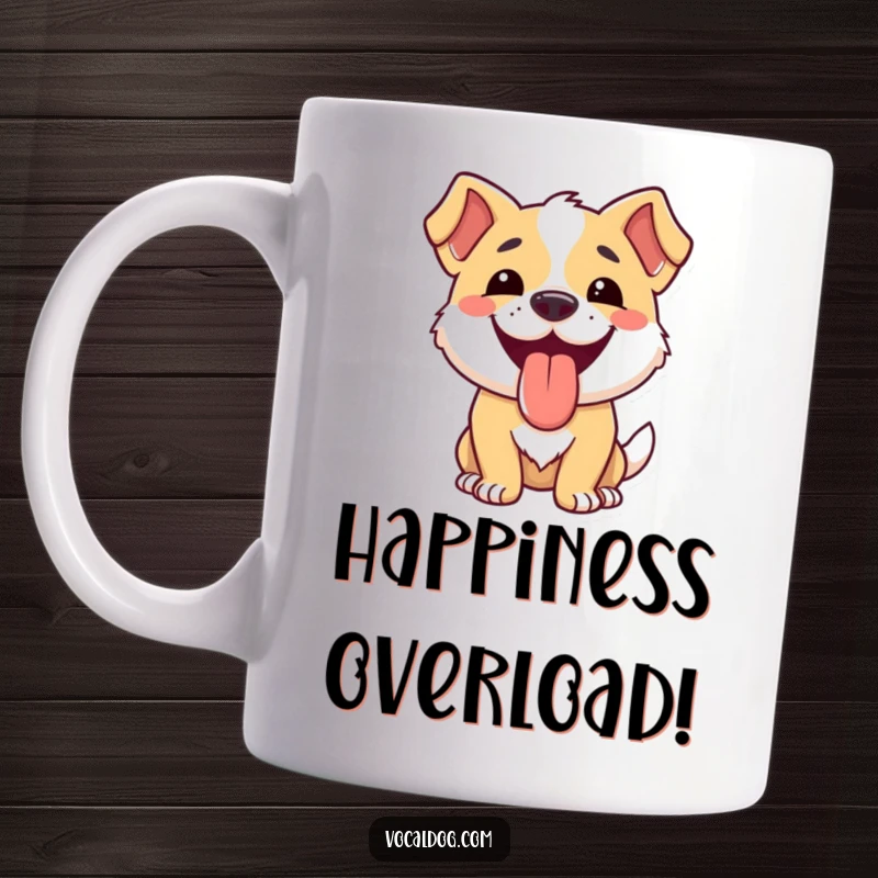 Funny dog mug featuring a happy dog smiling broadly with its tongue hanging out, brimming with joy.