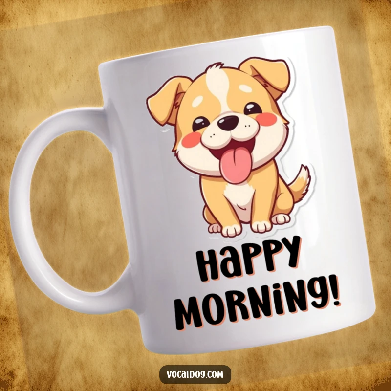 Funny mug featuring a joyful dog character with tongue out, panting happily with a wide, beaming smile. A hilarious gift for dog enthusiasts.