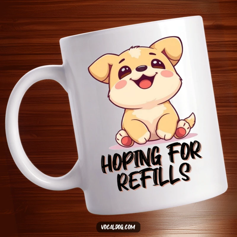 Funny Mug showing a joyful dog with paws neatly tucked, gazing upwards with a look of pure bliss and wonder.