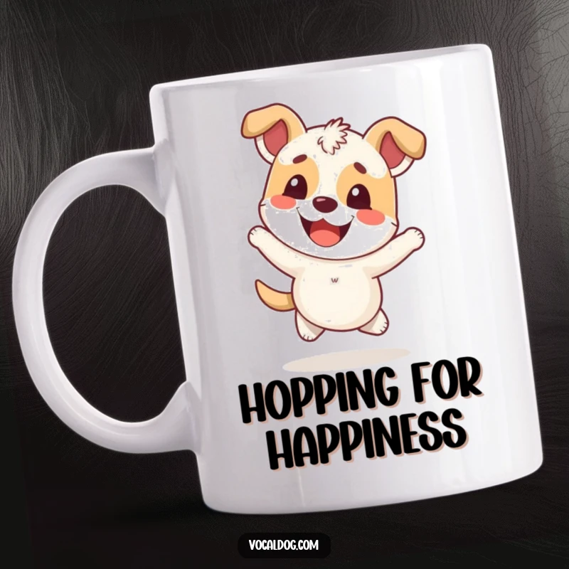 Funny Mug showing a happy dog character joyfully hopping with an overwhelmingly cheerful and excited expression.