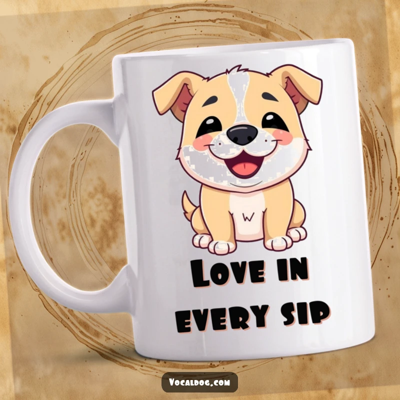 Funny mug showing a dog offering a friendly, slobbery kiss with a big, charming smile, radiating canine affection, great gift.