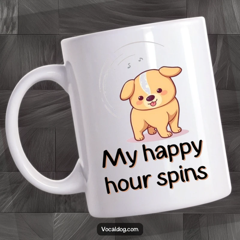 Funny Mug showing a dog's tail wagging so rapidly it forms a humorous vortex, capturing energetic canine joy.