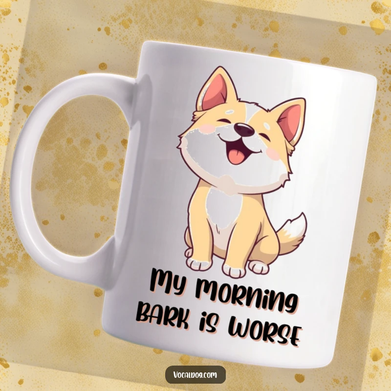 Funny dog mug featuring a happy dog with head back, joyfully woofing, radiating pure, unadulterated happiness.