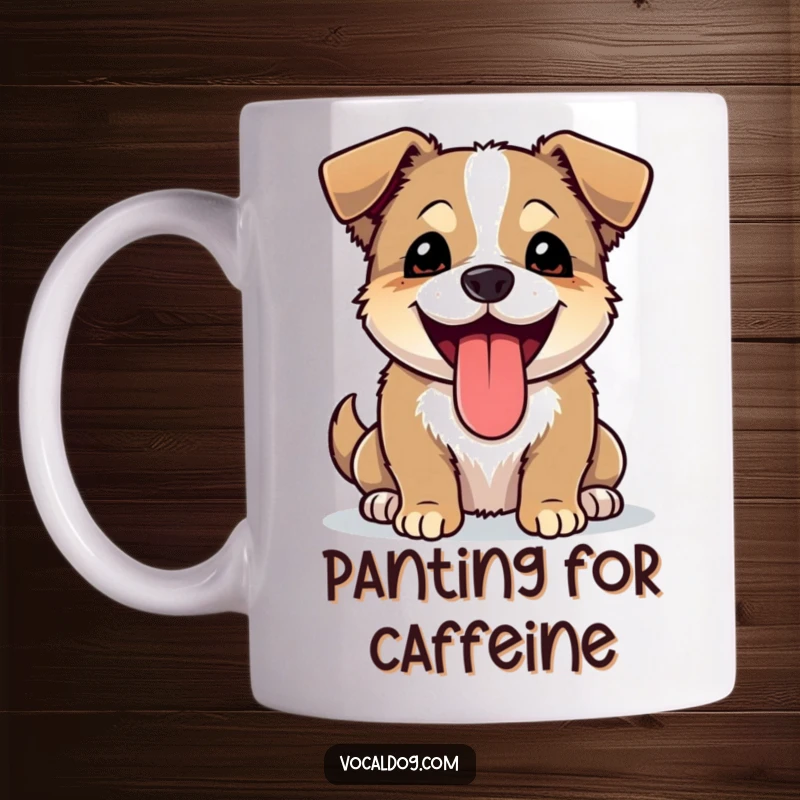Funny mug featuring a happy dog with its tongue lolling out, panting in a state of pure, ecstatic joy.