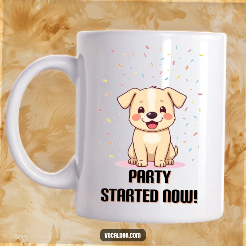 Funny ecstatic dog mug showered in colorful confetti, capturing a moment of pure, unadulterated canine joy and celebration. Fantastic funny gift.
