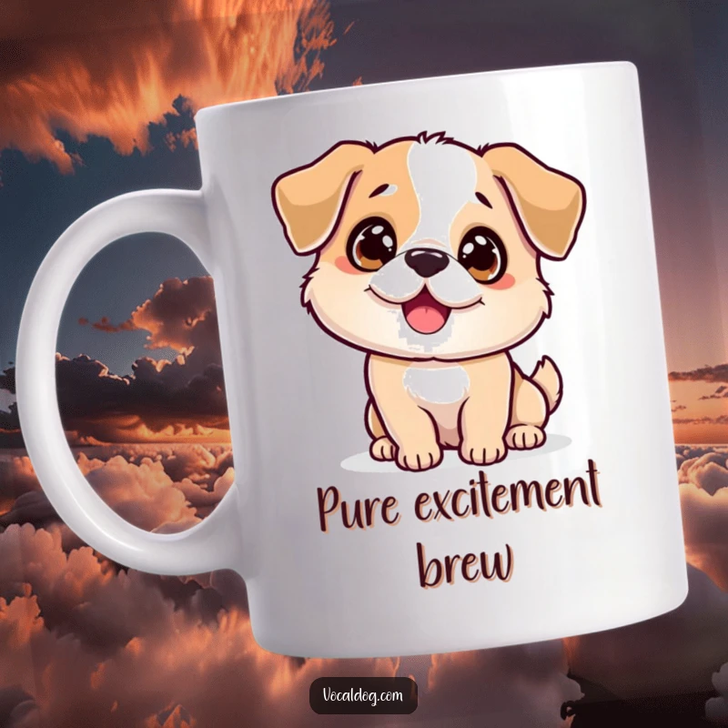 Funny sparkling dog mug with eyes full of gleam and a wagging body, radiating pure, infectious excitement and joy. Perfect funny gift.