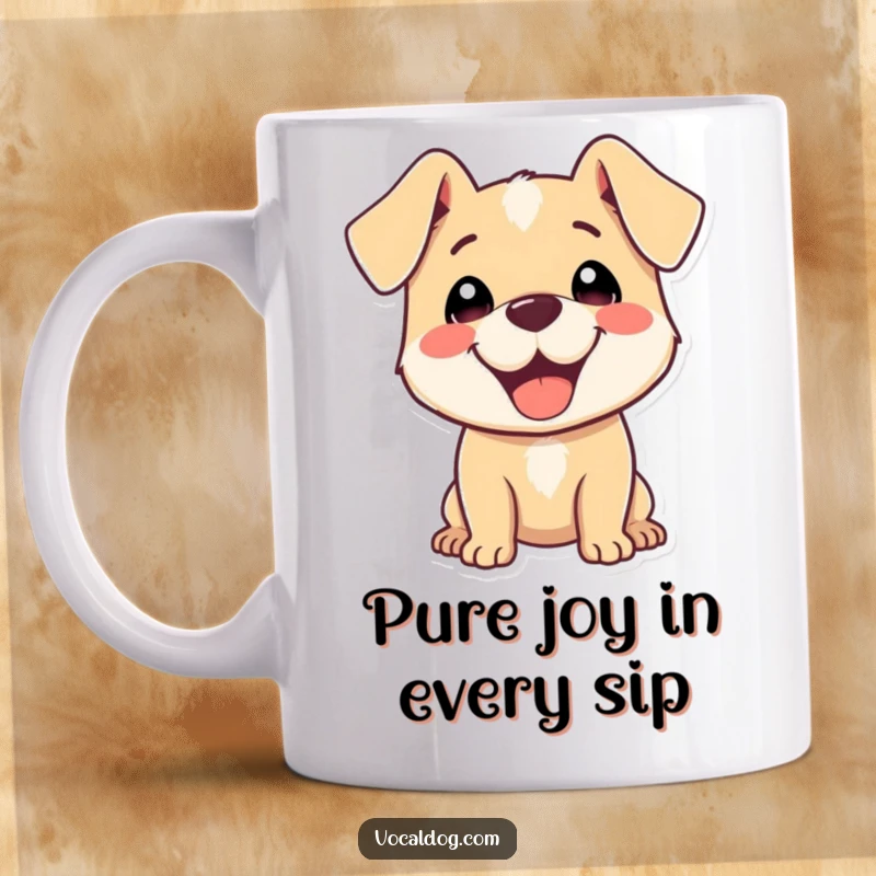 Funny Mug featuring a delighted dog character with its ears flopped back, radiating pure joy and happiness.