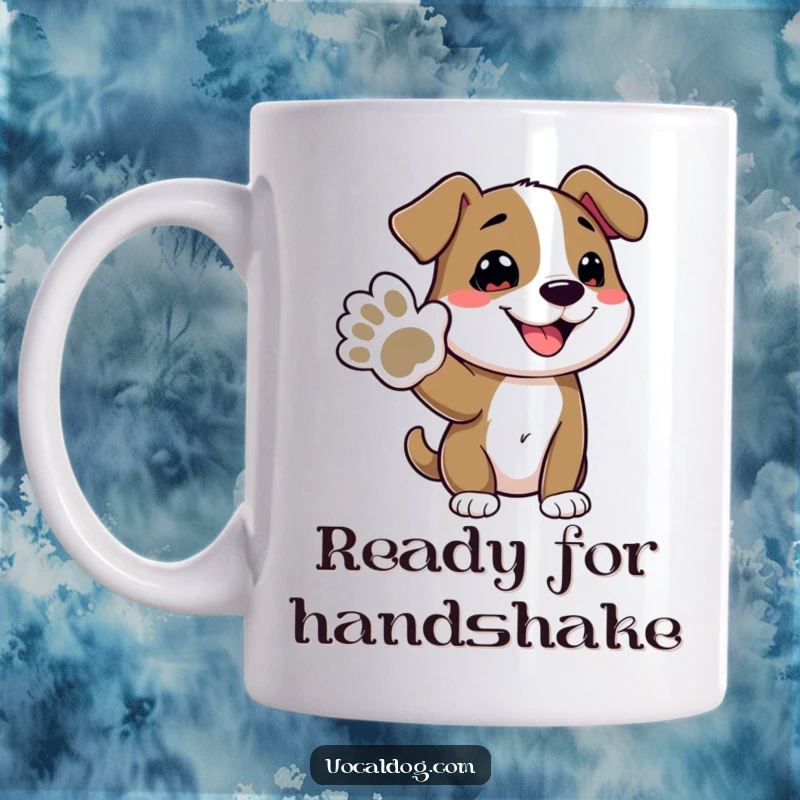 Funny mug featuring a cheerful dog character extending its paw with a wide, happy grin, radiating pure doggy delight.