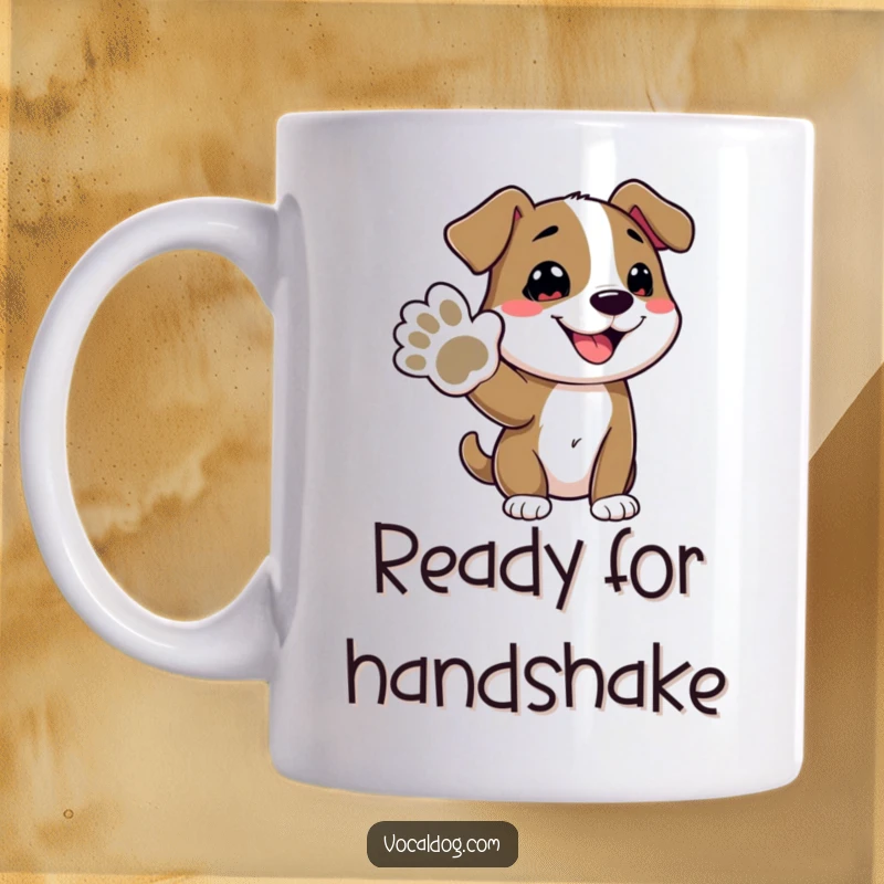 Funny mug featuring a cheerful dog character extending its paw with a wide, happy grin, radiating pure doggy delight.