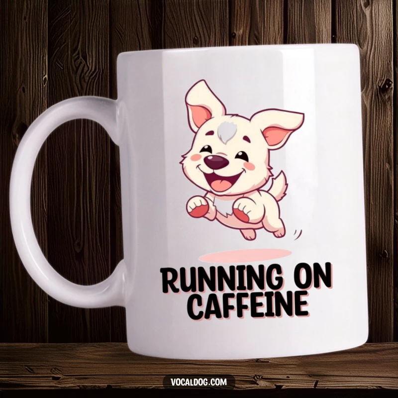 Funny Mug featuring a dog joyfully running, ears flapping dynamically in the wind, embodying freedom and happiness.