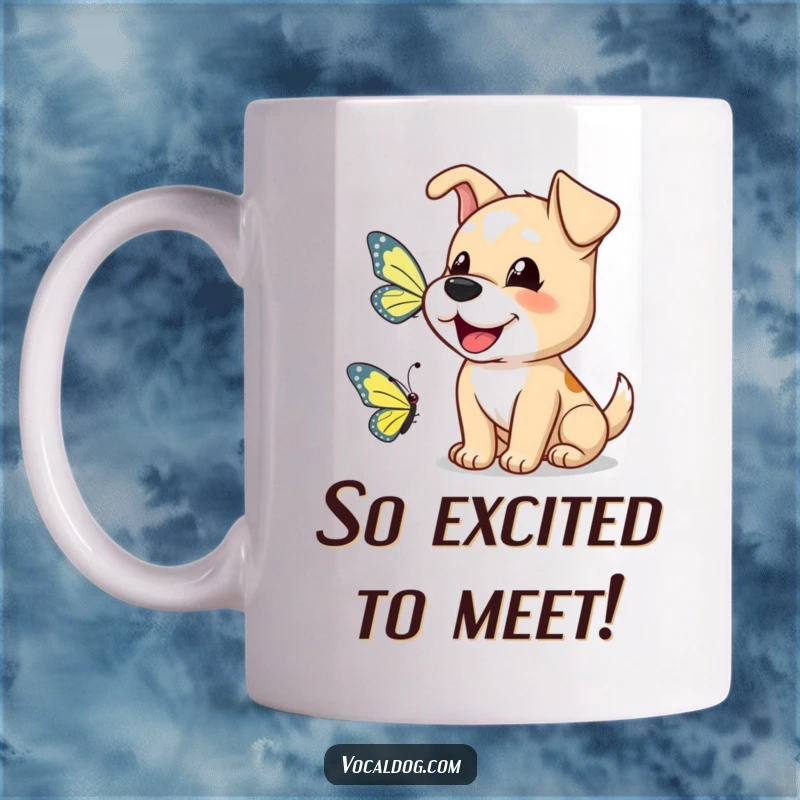 Funny dog mug featuring a happy dog barking cheerfully at a butterfly, celebrating friendship and nature.