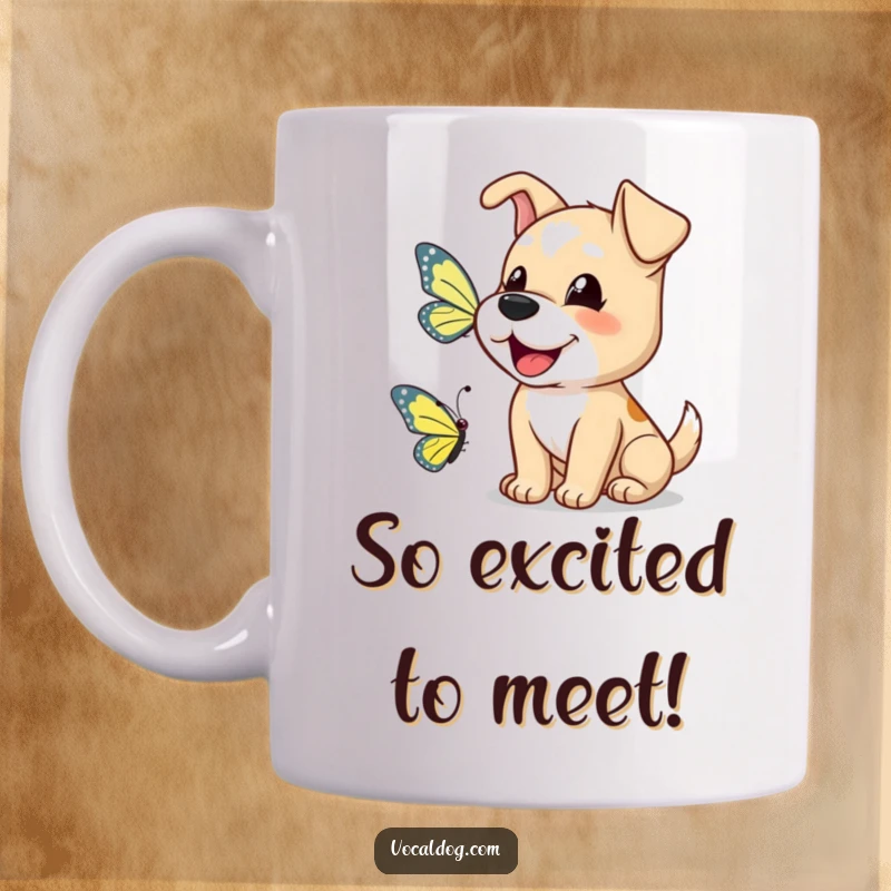 Funny dog mug featuring a happy dog barking cheerfully at a butterfly, celebrating friendship and nature.