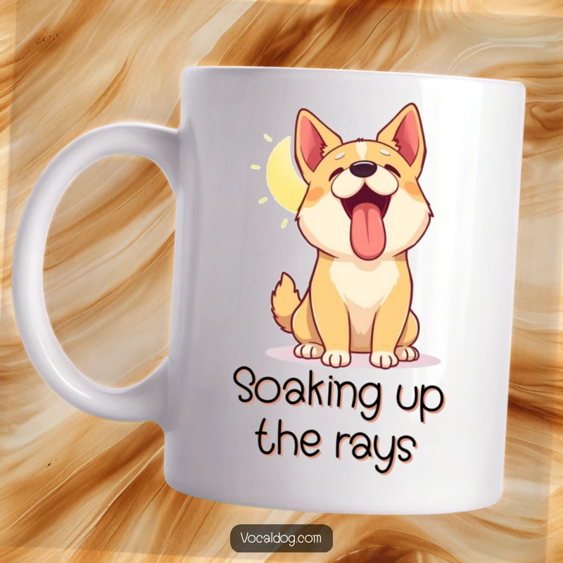 Funny mug showing a happy dog tilting its head up, panting joyfully in the warm sun, embodying pure contentment, great gift.