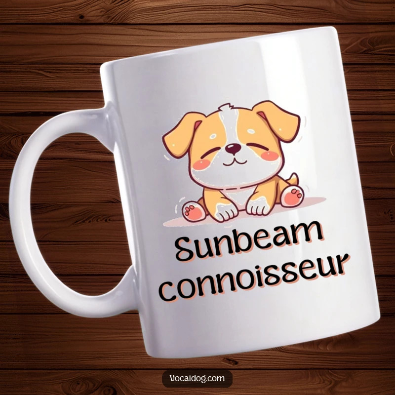Funny Mug: A dog character peacefully sunbathing with eyes closed in pure contentment, embodying ultimate relaxation and bliss.
