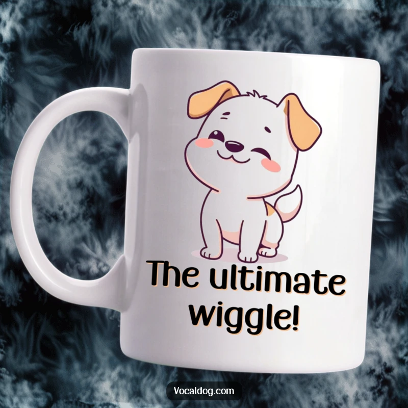 Funny dog mug featuring a happy dog doing an energetic full-body wiggle from nose to tail.