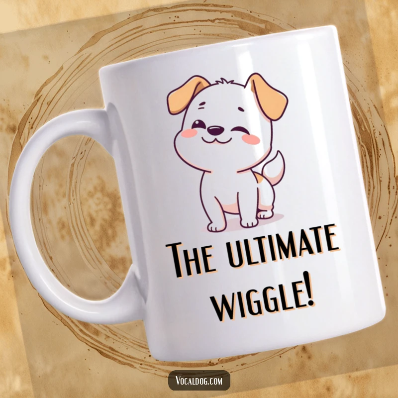 Funny dog mug featuring a happy dog doing an energetic full-body wiggle from nose to tail.