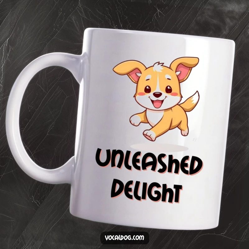 Funny mug featuring a dog character running with its ears flapping wildly in the wind, showcasing pure exhilaration and happiness.