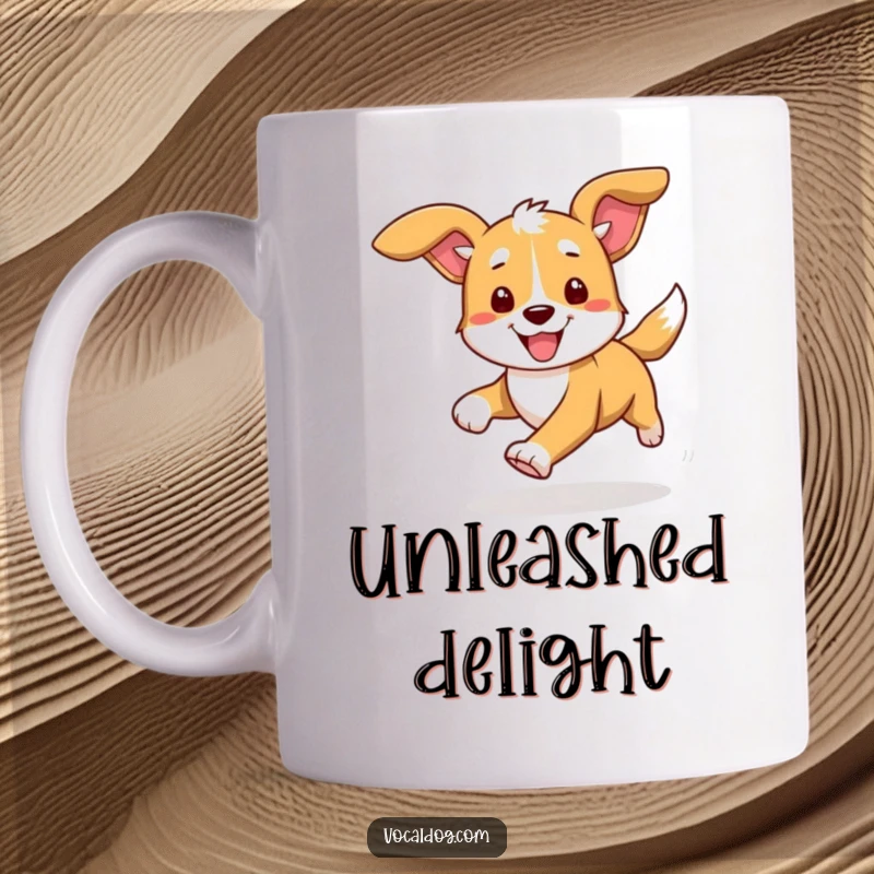 Funny mug featuring a dog character running with its ears flapping wildly in the wind, showcasing pure exhilaration and happiness.