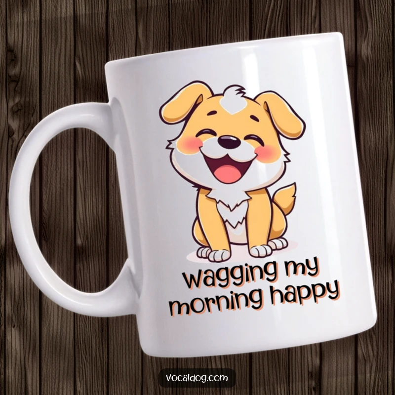 Funny mug featuring a happy dog character caught mid-wiggle with an ecstatic expression and vibrant energy.