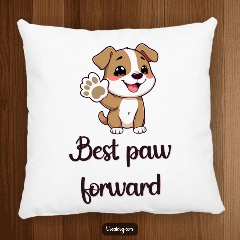 Funny pillow showcasing a plush dog character extending its paw, offering comfort and a heartwarming, humorous greeting, perfect for dog affectionate people.
