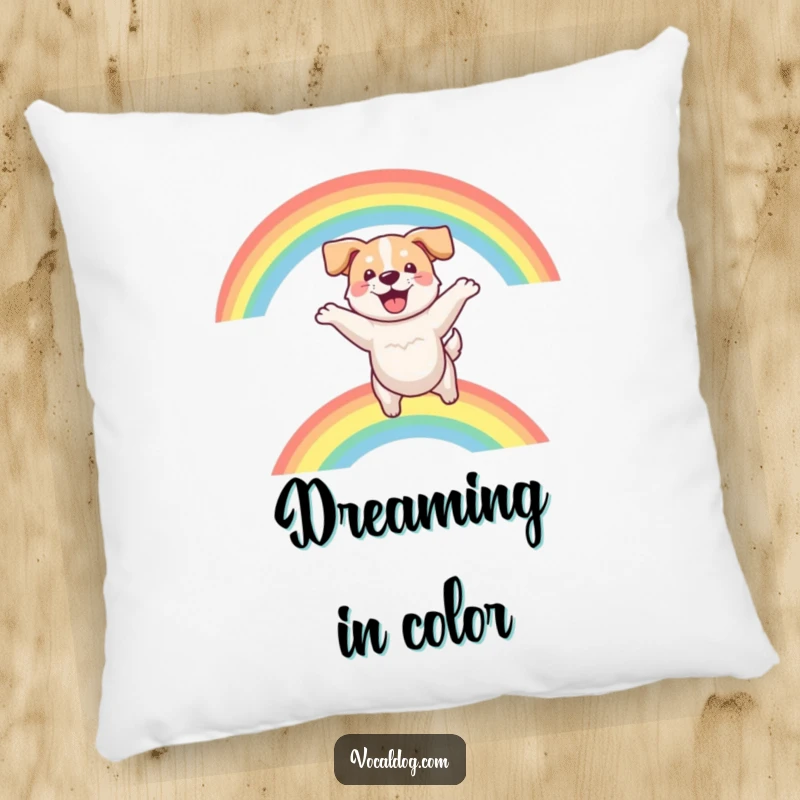 Funny pillow with a fluffy dog leaping joyfully over a brilliant rainbow, a soft accent for humorous decor.