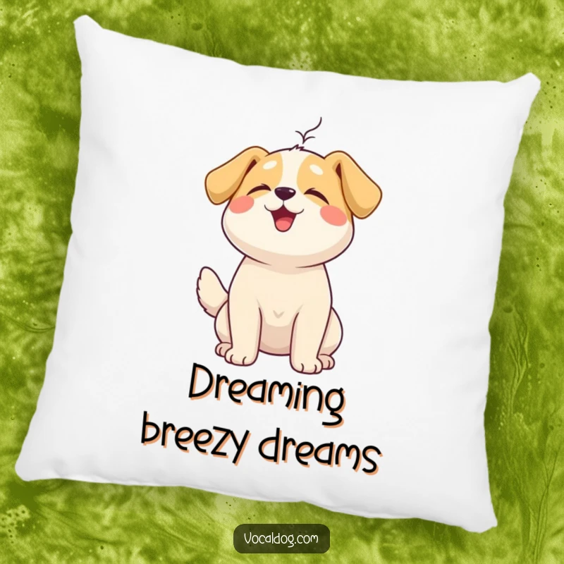 Funny Pillow featuring a happy dog character tilting its head up, enjoying a gentle, calming breeze.